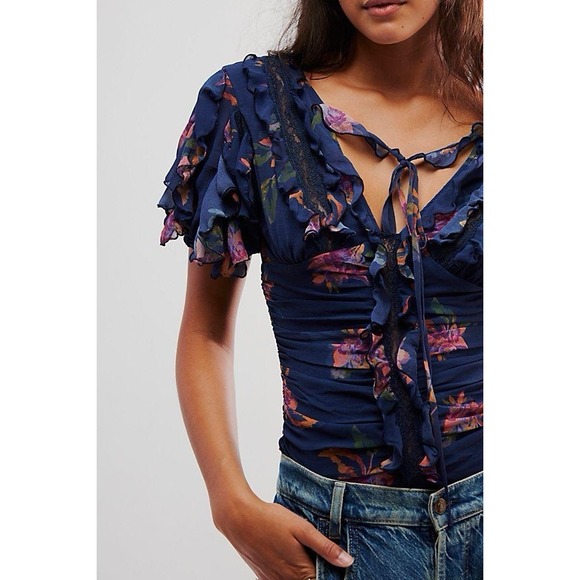 Free People Stop And Stare Floral Ruffle Lace Bodysuit Navy Combo‎ SMALL NWOT - Picture 1 of 11